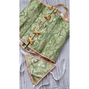 Green Brocade Lace Up Corset & G-String Sz S